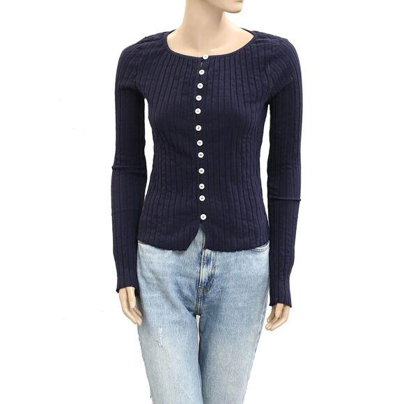 Free People Tilly Long-Sleeve Cardi Blouse Top Knit Ribbed Buttondown M 280623 - Picture 4 of 8